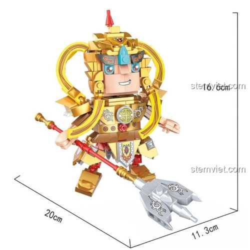 Kích thước mô hình Nhị Lang Thần và Hắc Khuyển COGO 15709-3, chi tiết rõ ràng giúp bé trai 6 tuổi dễ hình dung.