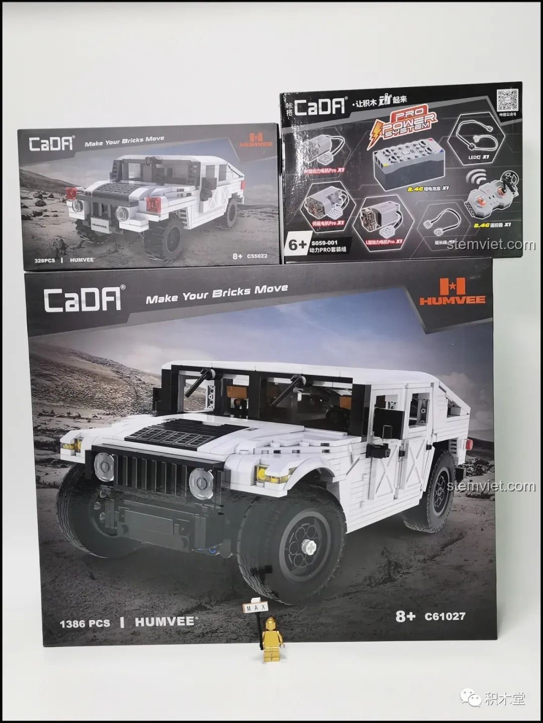 Toàn bộ combo sản phẩm CaDA Humvee gồm bộ lớn C61027, bộ nhỏ C55022 và bộ động cơ Pro Power System S059-001.