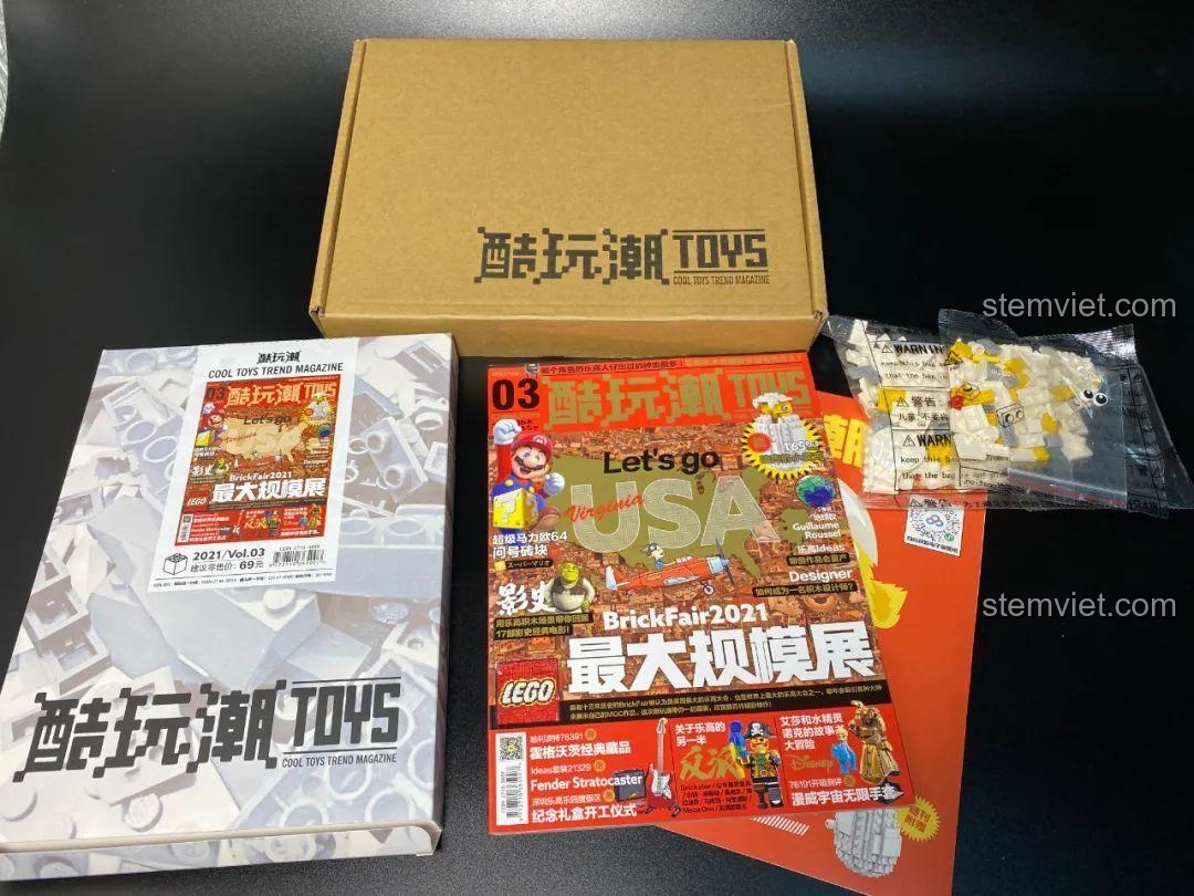 Bộ sản phẩm Cool Toys Trend 03 bao gồm hộp, tạp chí và túi linh kiện, đồ chơi mô hình gà con nở vỏ trứng.