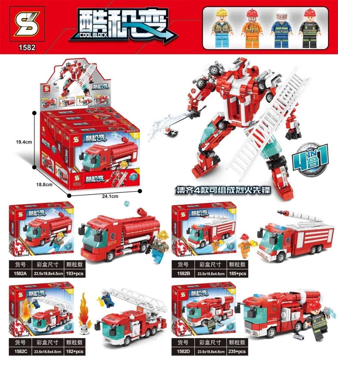Bộ lắp ghép xe cứu hỏa CoolBlock 1582, xe cứu hỏa biến hình robot, 795 chi tiết, 4 minifigures, phù hợp cho bé trai 6 tuổi