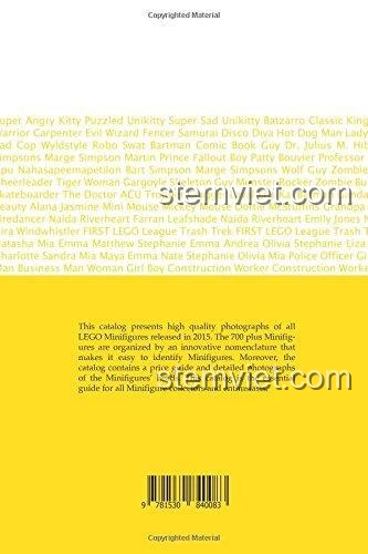 Bìa sau sách hướng dẫn sưu tập Minifigure LEGO® 2015 của CreateSpace, giới thiệu nội dung và mã vạch ISBN9781530840083.