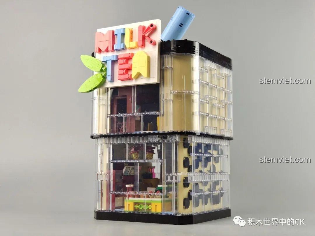 Mô hình hoàn chỉnh của Cửa hàng trà sữa JIAZHI SY 5209 nhìn từ phía trước, với biển hiệu và ống hút trang trí.