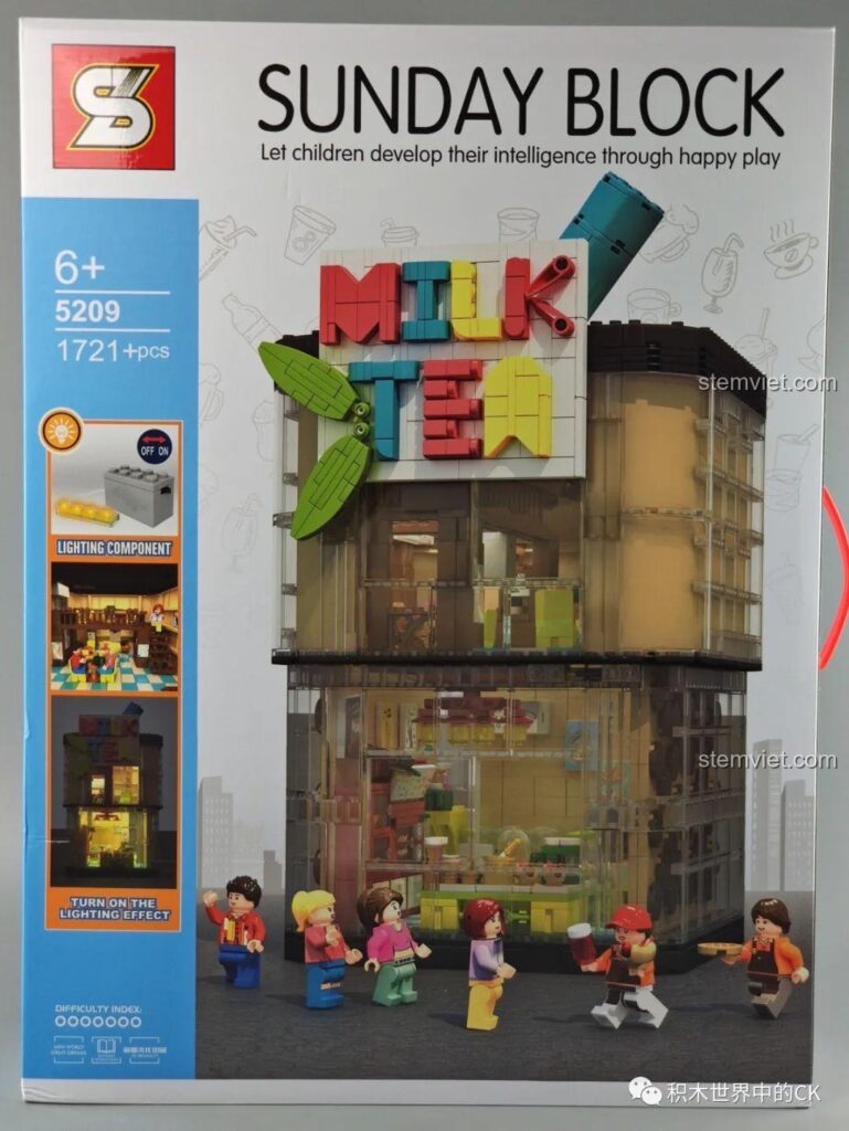Hộp đồ chơi lắp ráp Cửa hàng trà sữa JIAZHI SY 5209 với hình ảnh mô hình hoàn chỉnh và thông số 1721 mảnh ghép.
