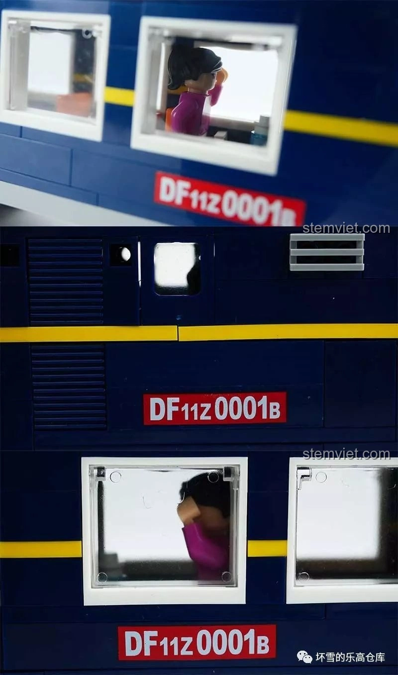 Cận cảnh các cửa sổ màu trắng và chi tiết in trên toa khách của KAZI KY98220 Tàu Hỏa Đông Phong 11Z, thể hiện độ tỉ mỉ của mô hình.