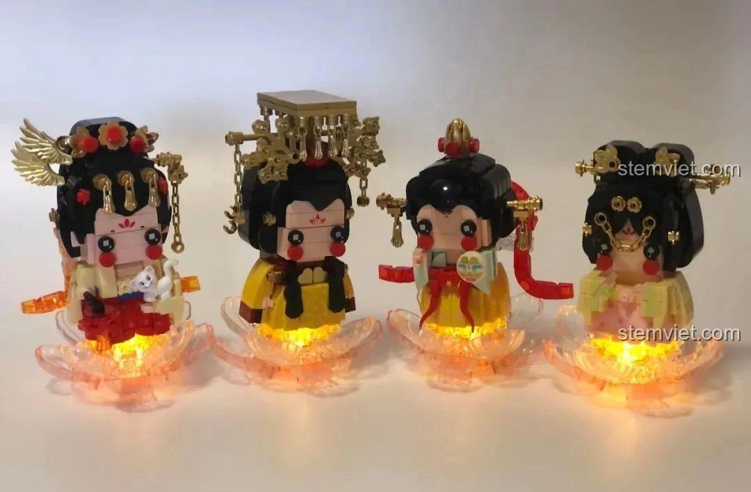 Bốn mô hình công chúa Đại Đường Tứ Mỹ Wekki đặt trên đế đèn hoa sen phát sáng, đánh giá Wekki 516031 Bộ Lắp Ghép Công Chúa Văn Thành.