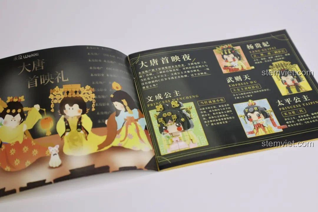 Trang đầu sách hướng dẫn giới thiệu 4 nhân vật trong bộ lắp ghép Đại Đường Tứ Mỹ Wekki, đánh giá Wekki 516031 Bộ Lắp Ghép Công Chúa Văn Thành.