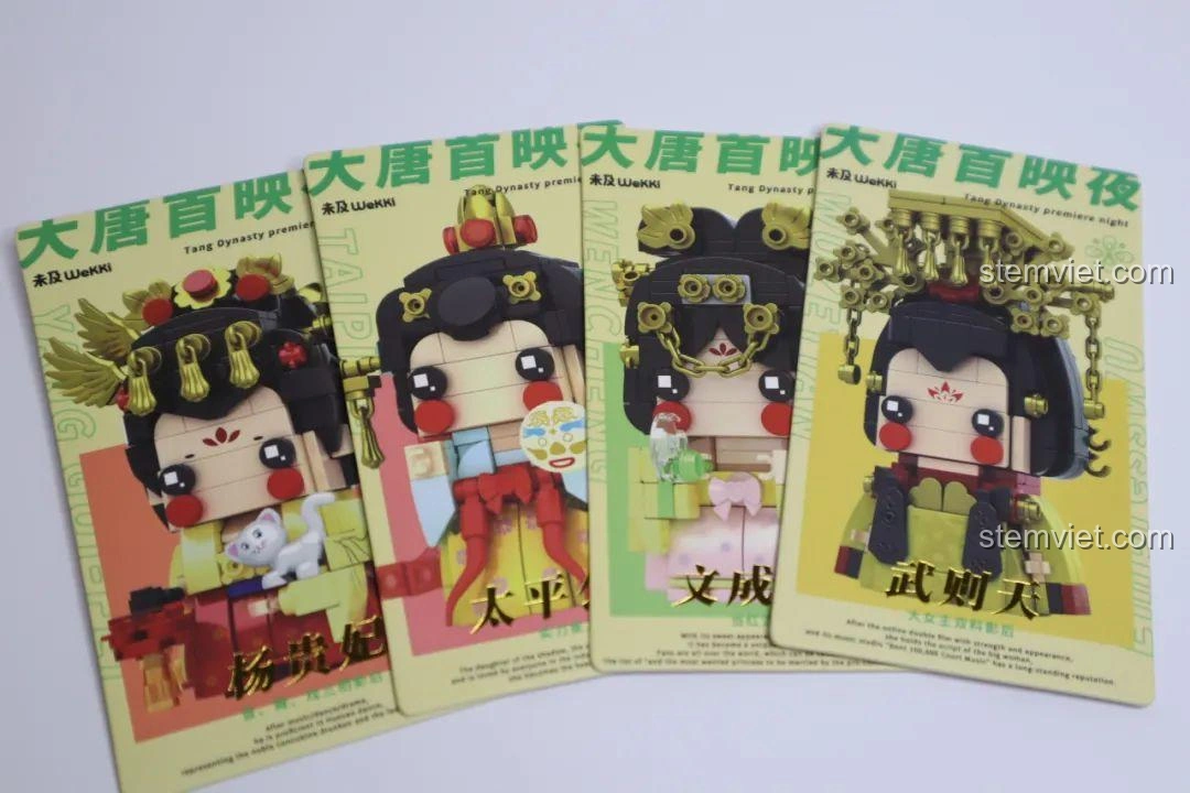 Mặt trước các thẻ bài đi kèm bộ lắp ghép Đại Đường Tứ Mỹ Wekki với hình ảnh nhân vật, đánh giá Wekki 516031 Bộ Lắp Ghép Công Chúa Văn Thành.