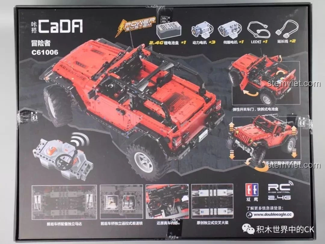 Mặt sau hộp đồ chơi lắp ráp CaDA C61006 Jeep Wrangler Rubicon, giới thiệu các tính năng như hệ thống treo độc lập và cửa mở.