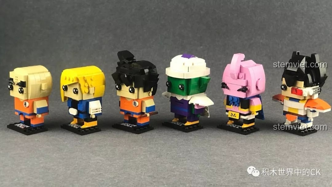 Ảnh chụp cả 6 mô hình của bộ xếp hình Decool Dragon Ball Z từ góc nhìn chéo, thể hiện sự đa dạng.