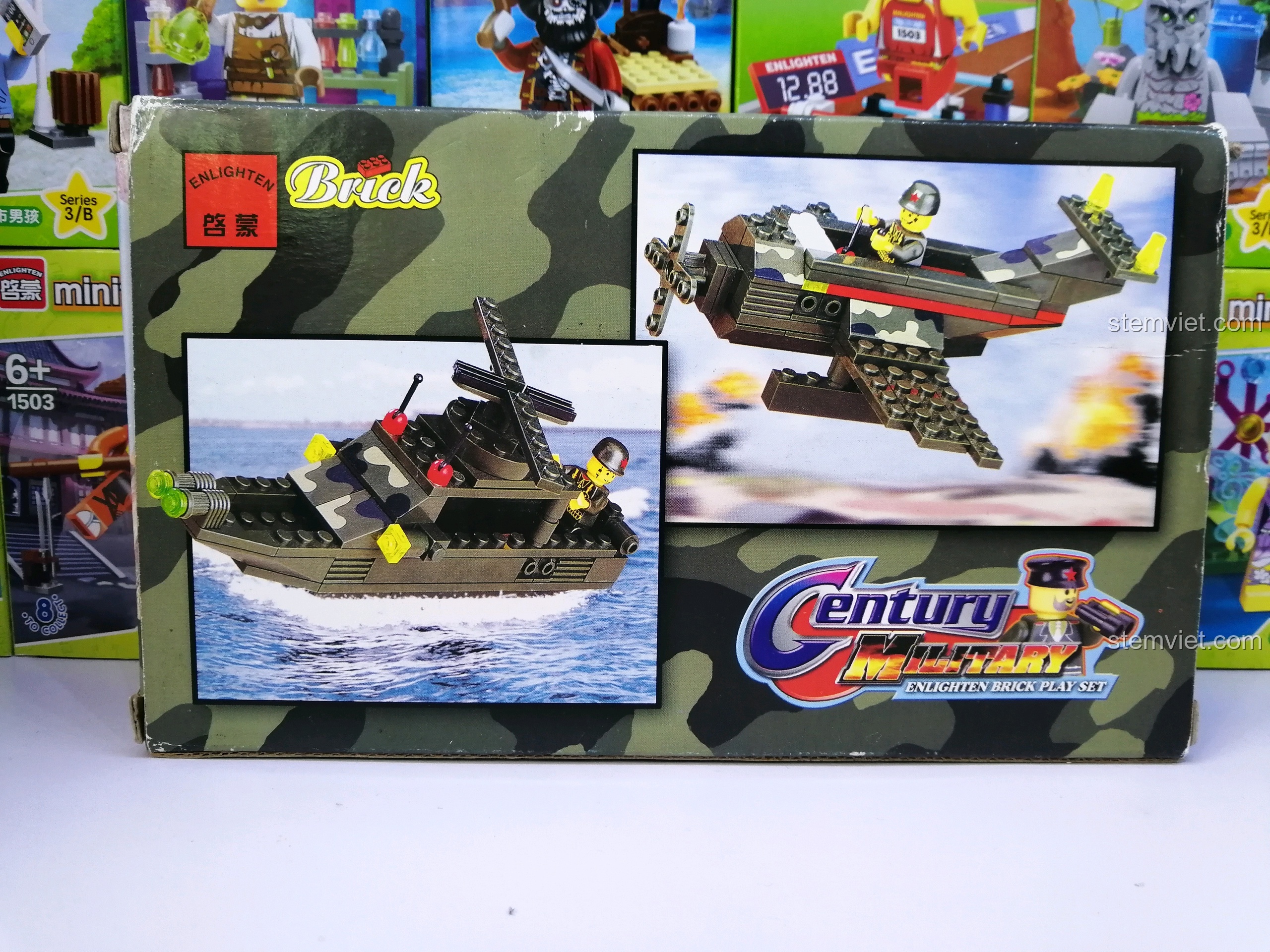 Mặt sau hộp bộ xếp hình Enlighten 0274 Mô hình trực thăng quân đội, giới thiệu các mẫu khác trong cùng series.