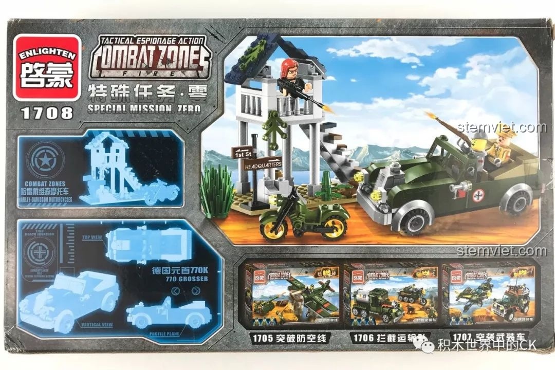 Mặt sau hộp bộ lắp ráp Enlighten 1708, giới thiệu các tính năng và mô hình khác trong series Combat Zones.