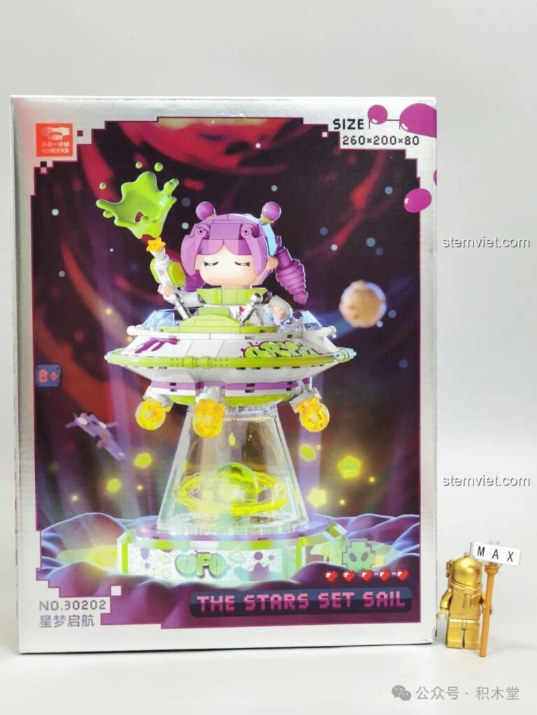 Mặt trước hộp đồ chơi lắp ráp iambrick 30202 Đèn Ngủ UFO, thể hiện hình ảnh phi hành gia nhí và phi thuyền không gian.