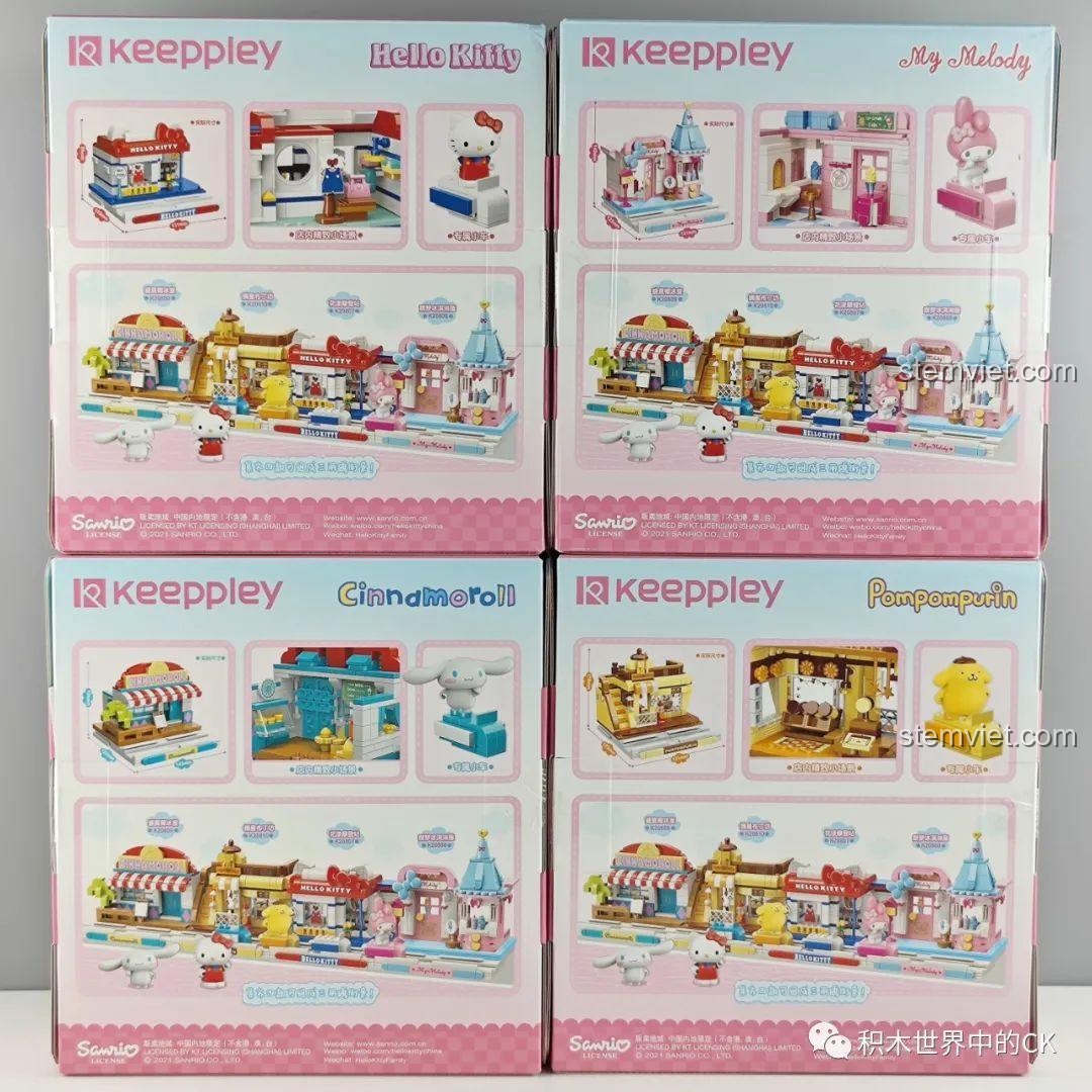 Mặt sau của bốn hộp đồ chơi lắp ráp Keeppley Sanrio, hiển thị các chi tiết mô hình và nhân vật.