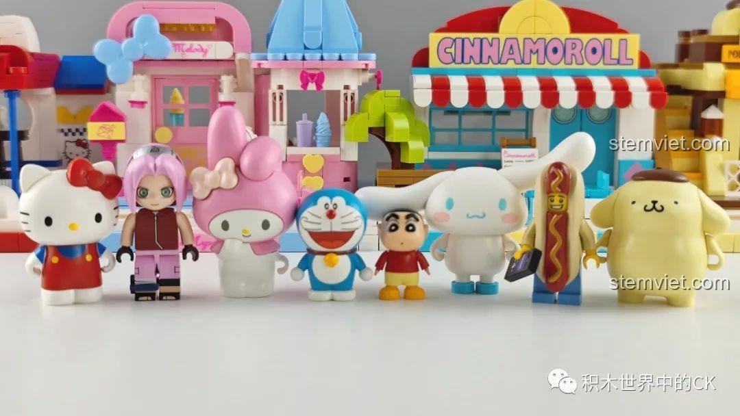 Các nhân vật My Melody, Hello Kitty, Cinnamoroll và Shin-chan đứng cùng nhau, tạo nên một khung cảnh đáng yêu.