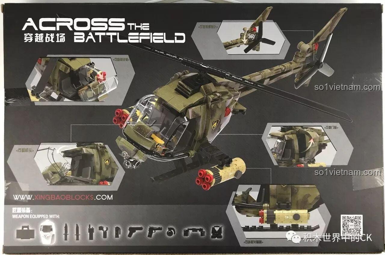 Mặt sau hộp bộ đồ chơi mô hình Phương tiện chiến đấu Limo Toy KB020 hiển thị các góc nhìn chi tiết của trực thăng.