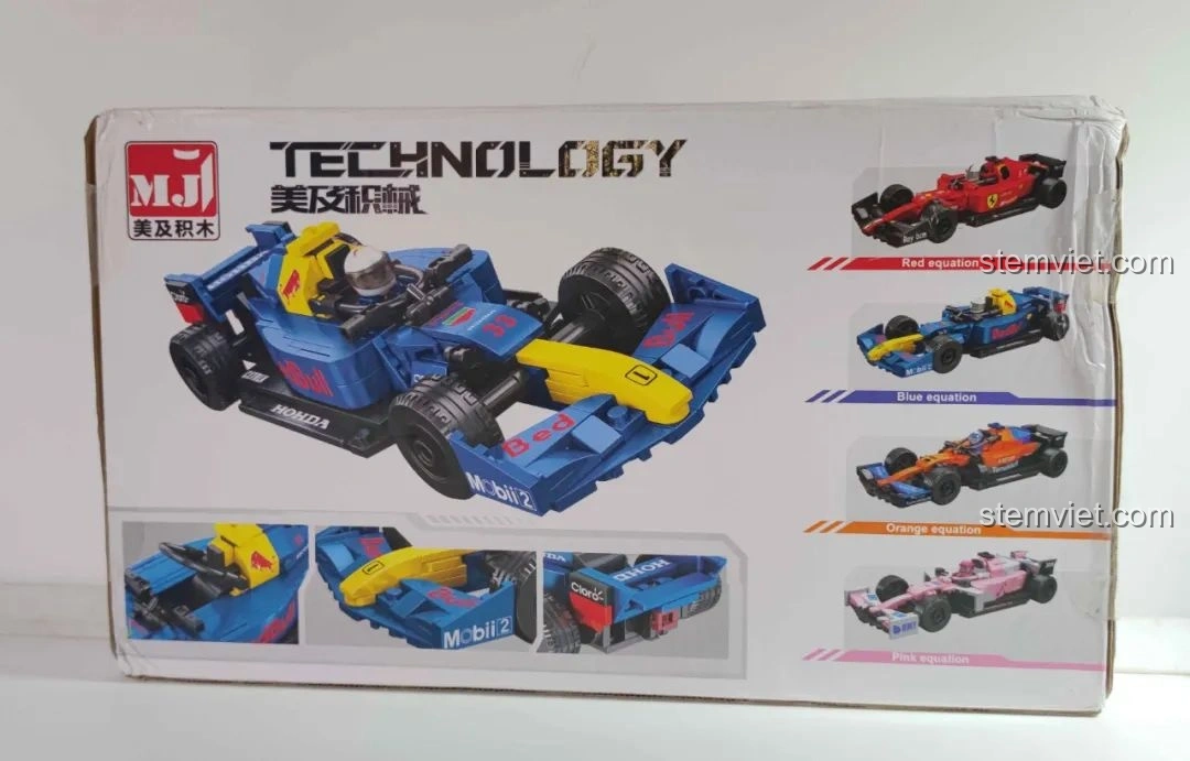 Mặt sau hộp bộ lắp ráp MJ Technology 13014 hiển thị cả 4 mẫu xe đua F1 khác nhau: đỏ, xanh, cam, hồng.