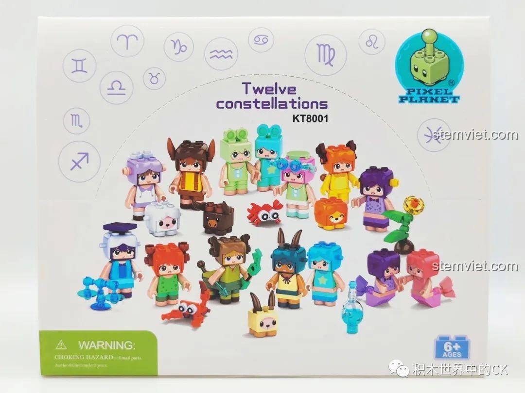 Mặt sau vỏ hộp hiển thị đầy đủ 12 nhân vật trong bộ đồ chơi 12 Cung Hoàng Đạo Pixel Planet KT8001.