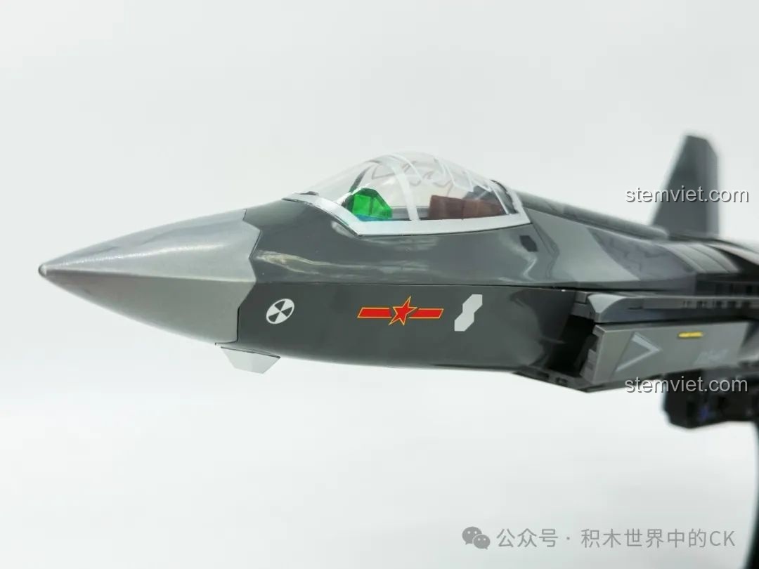 Đánh giá SEMBO 202255 Mô hình J-35: cận cảnh chi tiết phần mũi máy bay và các sticker trang trí.