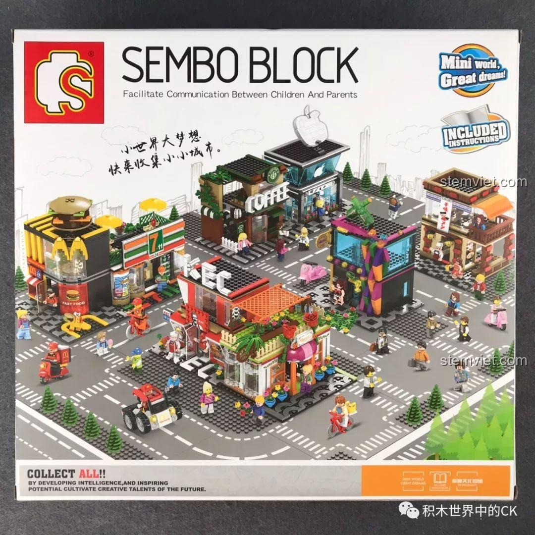 Mặt sau hộp SEMBO 601021 giới thiệu các bộ khác trong series phố mini, mang đến một thế giới đồ chơi xây dựng đa dạng.