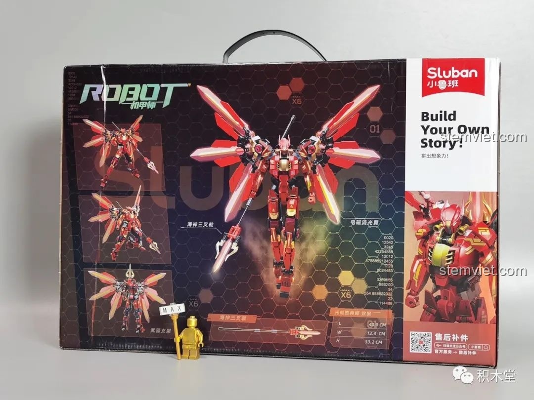 Mặt sau hộp bộ lắp ráp Sluban M38-B1152 Robot Cơ Giáp Quang Kích Athena, hiển thị các tư thế và thông số kỹ thuật của mô hình.