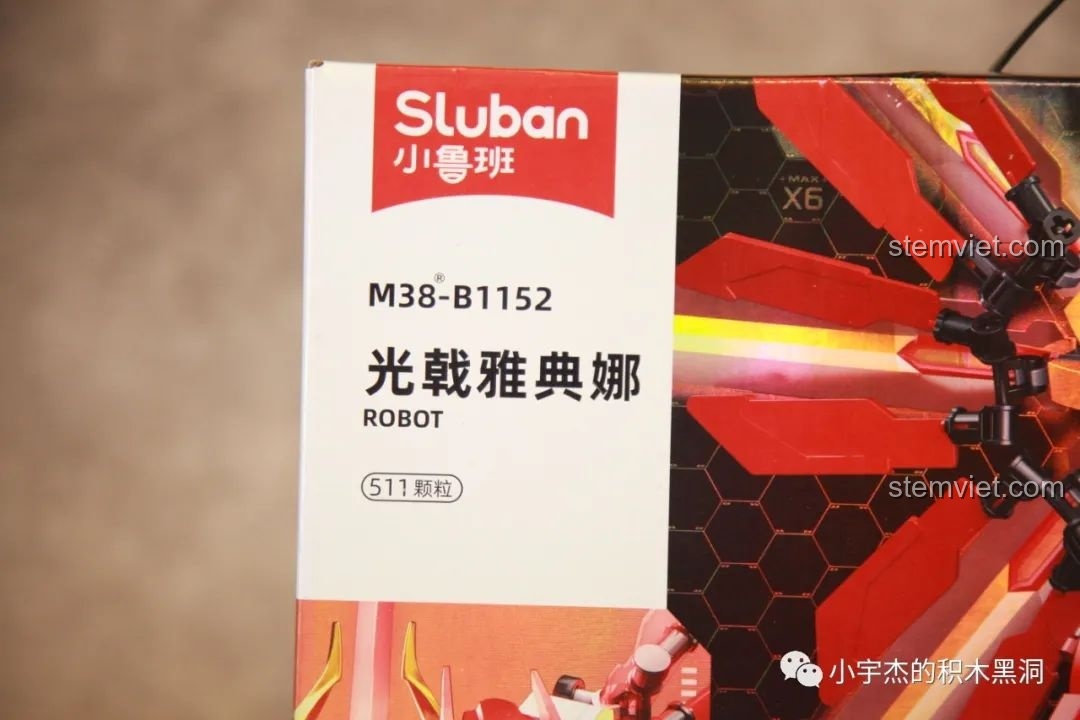 Cận cảnh hộp sản phẩm Sluban M38-B1152 Robot Cơ Giáp Quang Kích Athena, hiển thị mã số và số lượng 511 chi tiết.