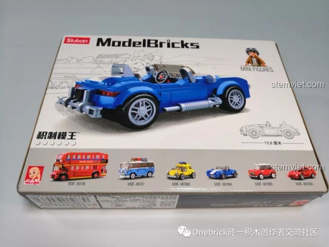 Mặt sau hộp bộ lắp ráp Sluban M38-B0706A hiển thị góc nhìn khác của xe và các mẫu xe khác trong bộ sưu tập.