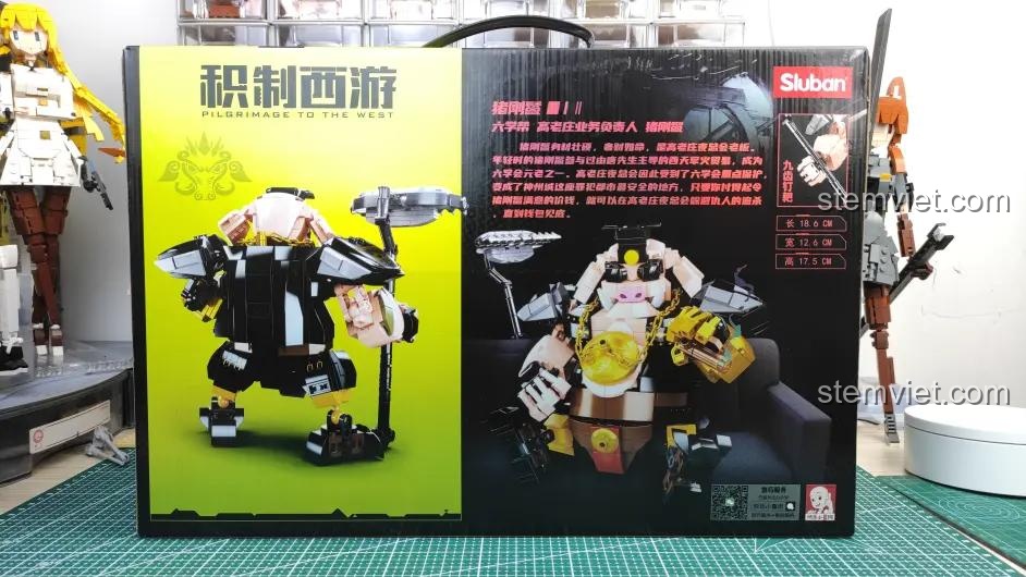 Mặt sau hộp bộ lắp ghép Sluban M38-B1009 Mô hình Trư Bát Giới, hiển thị thông số kích thước và mô tả nhân vật.