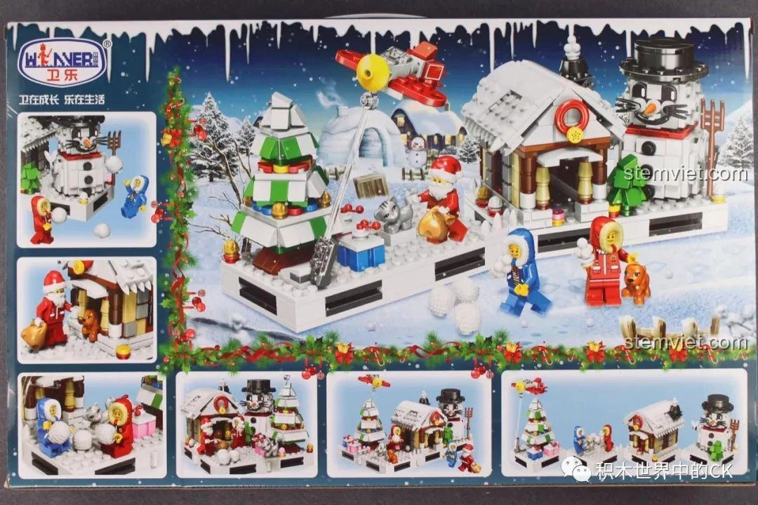 Mặt sau hộp bộ lắp ráp Winner 5034 Giáng Sinh Trắng 4 trong 1 hiển thị các cấu hình lắp ráp khác nhau của mô hình.