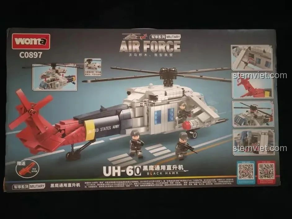 Mặt sau hộp bộ lắp ráp WOMA C0897 Trực thăng chiến đấu Black Hawk, hiển thị các chi tiết và tính năng của mô hình.