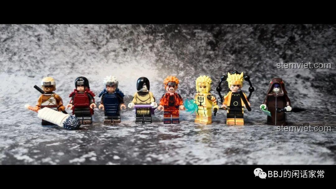Dàn 8 minifigure Naruto từ set WM6108 được xếp hàng ngang, thể hiện sự đa dạng và chất lượng của bộ sưu tập.