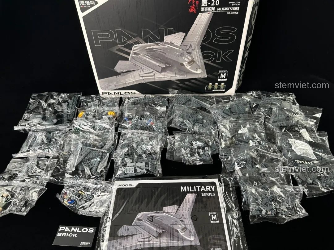 Toàn bộ các túi mảnh ghép, sách hướng dẫn và sticker của bộ xếp hình Niềm tự hào không quân Trung Quốc H-20 639026.