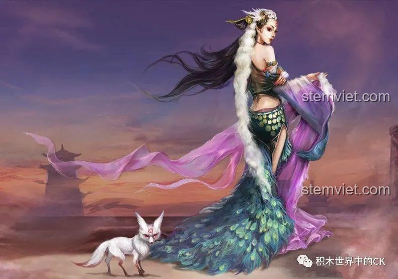 Hình ảnh minh họa Đát Kỷ hồ ly tinh với trang phục lộng lẫy và một con cáo trắng nhỏ bên cạnh.