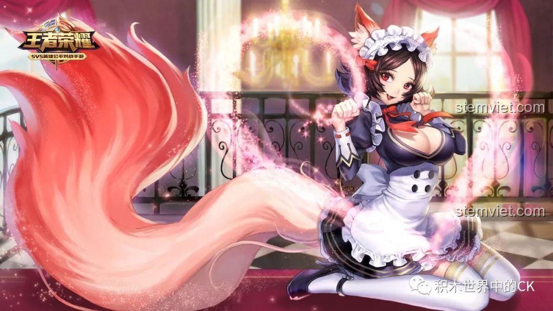 Hình ảnh Đát Kỷ trong game Vương Giả Vinh Diệu với trang phục hầu gái và đuôi cáo lớn.