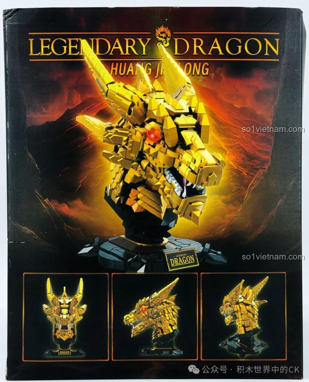 Mặt sau hộp LiNoos LN1011 Đầu Rồng Vàng Huyền Thoại với các góc nhìn khác của mô hình rồng vàng đã hoàn thiện.