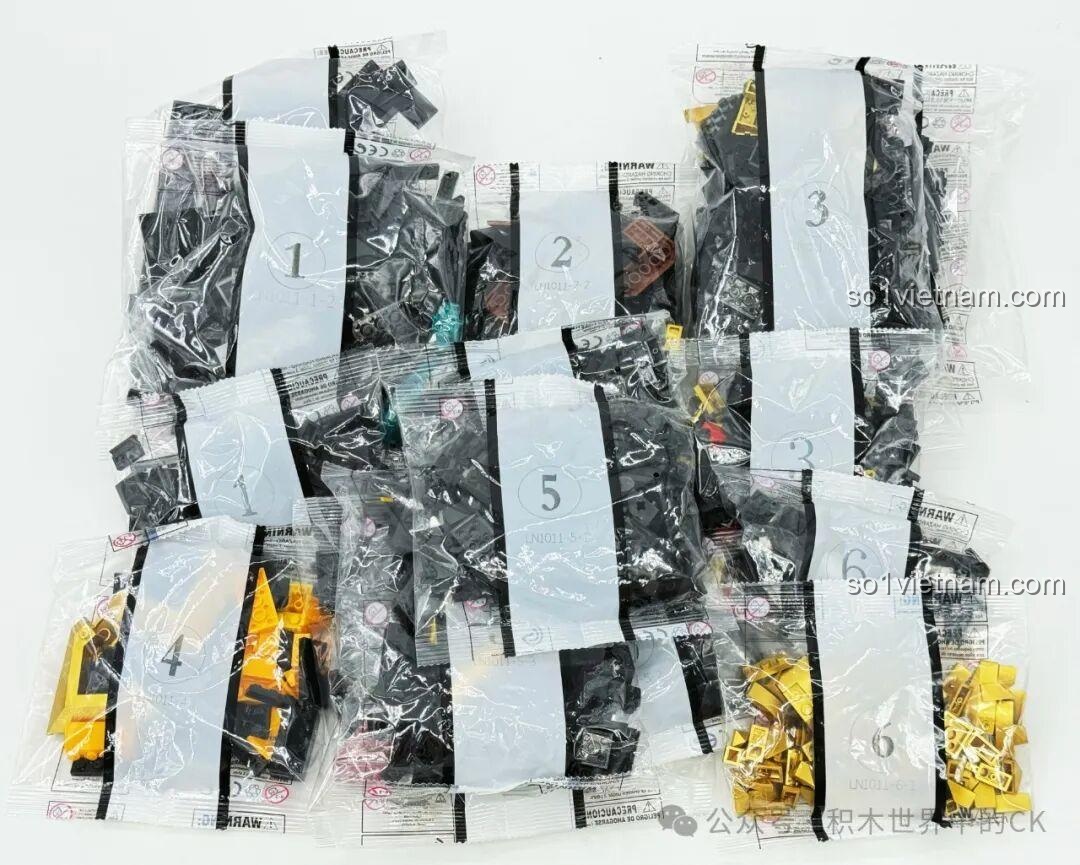 Các túi mảnh ghép được đánh số từ 1 đến 6 của bộ LiNoos LN1011 Đầu Rồng Vàng Huyền Thoại, sẵn sàng cho quá trình lắp ráp.