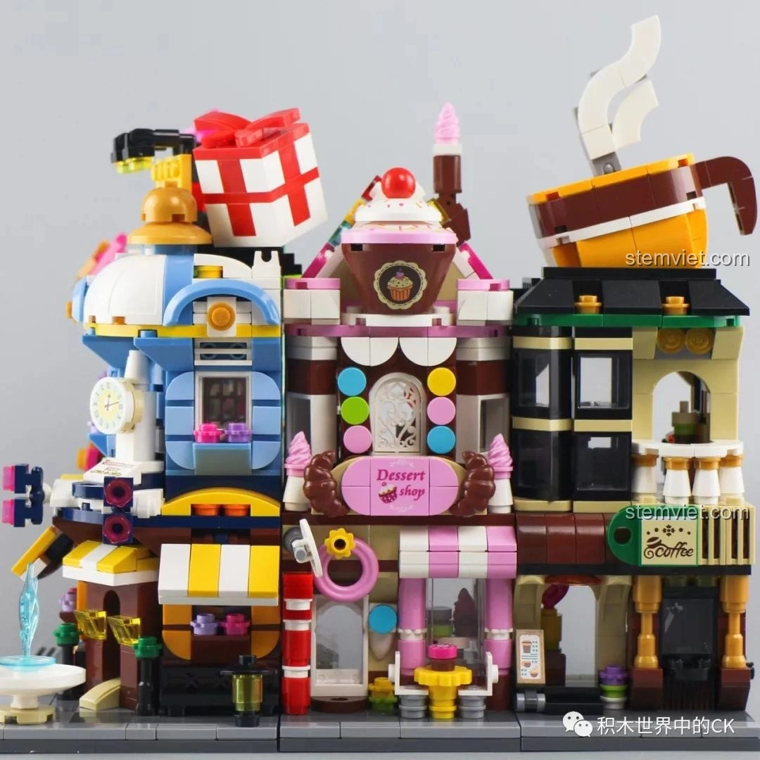 Dãy phố đồ chơi lắp ráp Keepplay City Corner C0101-C0105 nhìn từ góc nghiêng khác, thể hiện sự hài hòa.