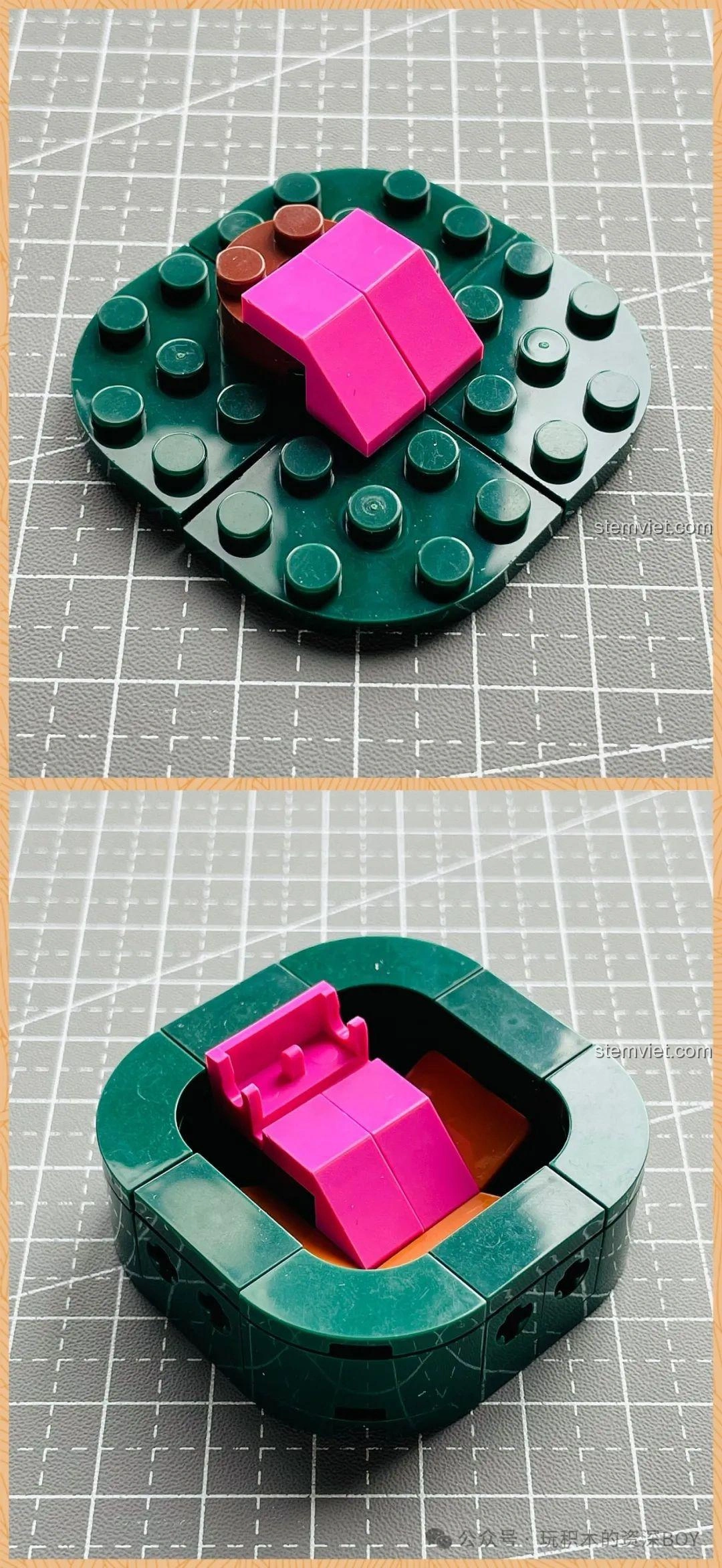 Cận cảnh đế chậu cây màu xanh đậm và cấu trúc bản lề màu hồng của mô hình hoa sen đá JAKI JK2727.