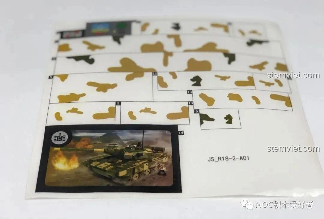 Tấm decal dán chi tiết cho mô hình COGO 13384 Xe Tăng 99A, bao gồm bảng điều khiển và họa tiết rằn ri.