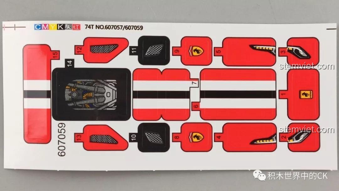 Tấm decal dán chi tiết cho mô hình SEMBO 607059 Siêu xe Ferrari 488 Pista, với logo và sọc đua.