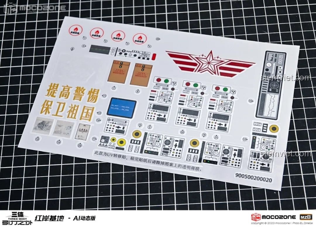 Tấm decal UV chuyển nhiệt với các chi tiết bảng điều khiển và biểu tượng cho bộ lắp ráp Hồng Ngạn Cơ Địa.