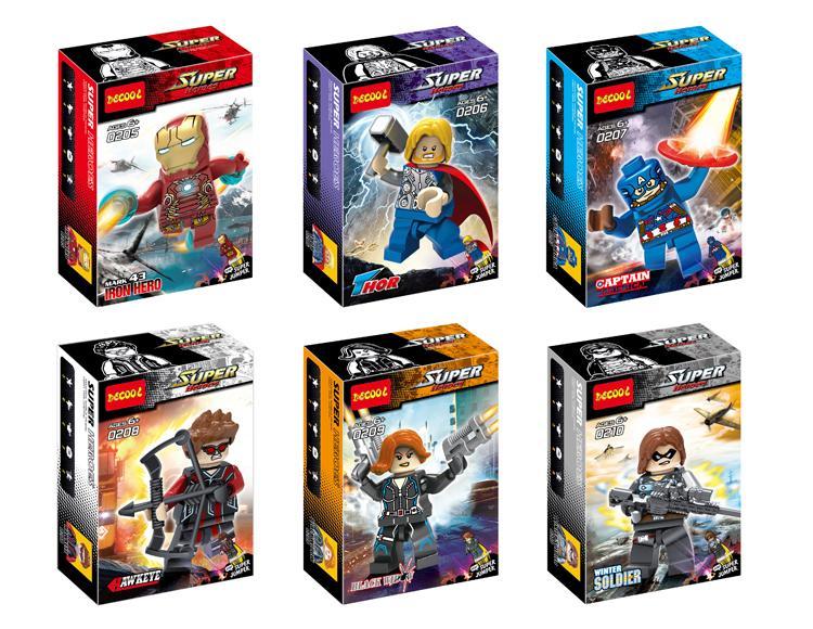 Bộ đồ chơi lắp ghép Decool 0206 Minifigure Biệt Đội Siêu Anh Hùng Avengers 2, set 6 nhân vật Iron Man, Thor, Captain America, Hawkeye, Black Widow, Winter Soldier chất lượng tốt, giá rẻ cho bé trai 6 tuổi.