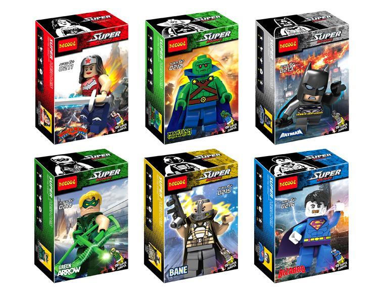 Bộ 6 Minifigure Siêu Anh Hùng DC DECOOL 0212 cho bé trai 6 tuổi, đồ chơi lắp ráp giá tốt, có Wonder Woman, Batman, Green Arrow, Martian Manhunter, Bane, Bizarro.
