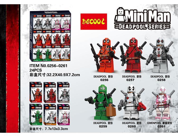 Ba minifigure Deadpool Decool 0256, 0257, 0258 với vũ khí đa dạng, đồ chơi lắp ghép nhân vật siêu anh hùng cho bé trai.