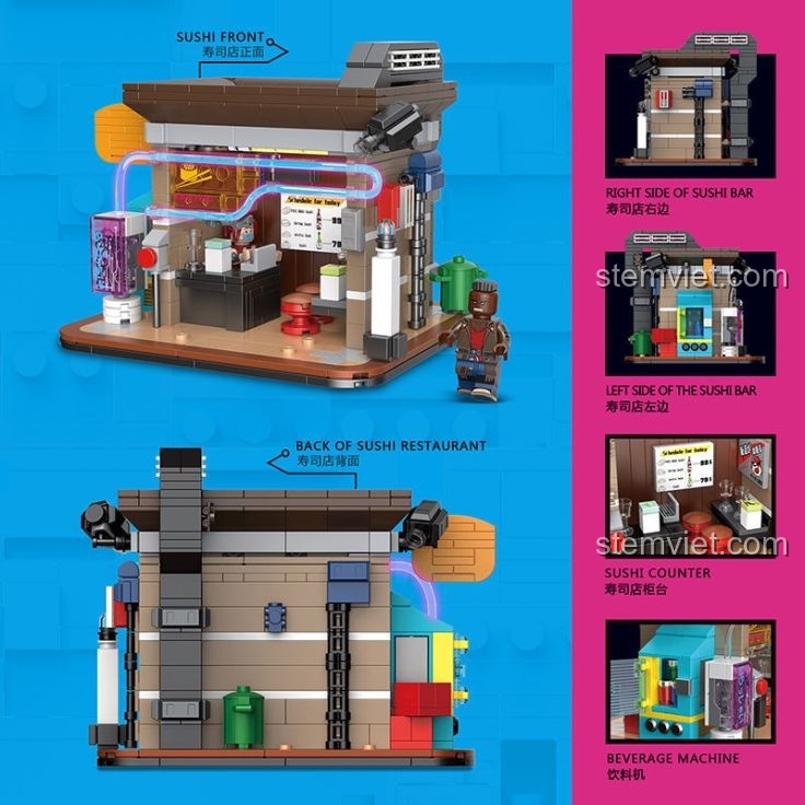 Chi tiết bên trong và bên ngoài của mô hình Tiệm Sushi Cyberpunk, một phần của bộ đồ chơi xây dựng Phố Đêm Neon 16021.