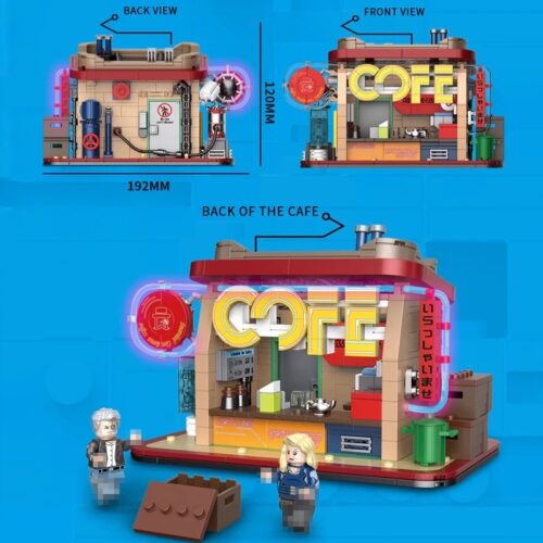 Mô hình quán cà phê Máy Pha Cà Phê Decool 16809 với kiến trúc cyberpunk, có minifigures, kích thước 11x16x19cm, 678 chi tiết, phù hợp cho bé trai 8 tuổi