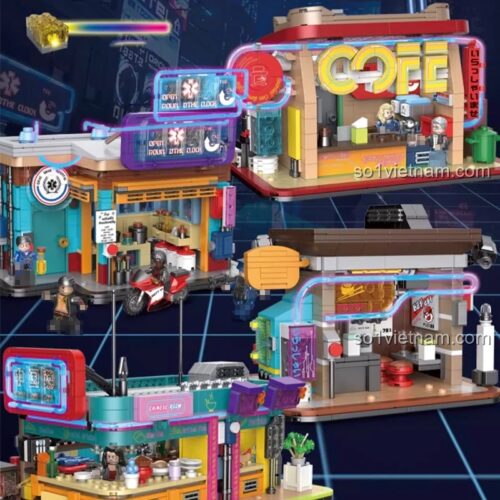 Bộ lắp ghép Máy Pha Cà Phê Decool 16809, mô hình quán cà phê cyberpunk, 678 chi tiết, có minifigures, phù hợp cho bé trai 8 tuổi