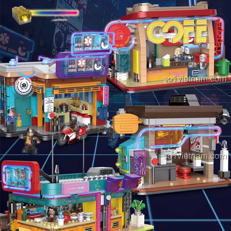 Bộ lắp ghép Máy Pha Cà Phê Decool 16809, mô hình quán cà phê cyberpunk, 678 chi tiết, có minifigures, phù hợp cho bé trai 8 tuổi