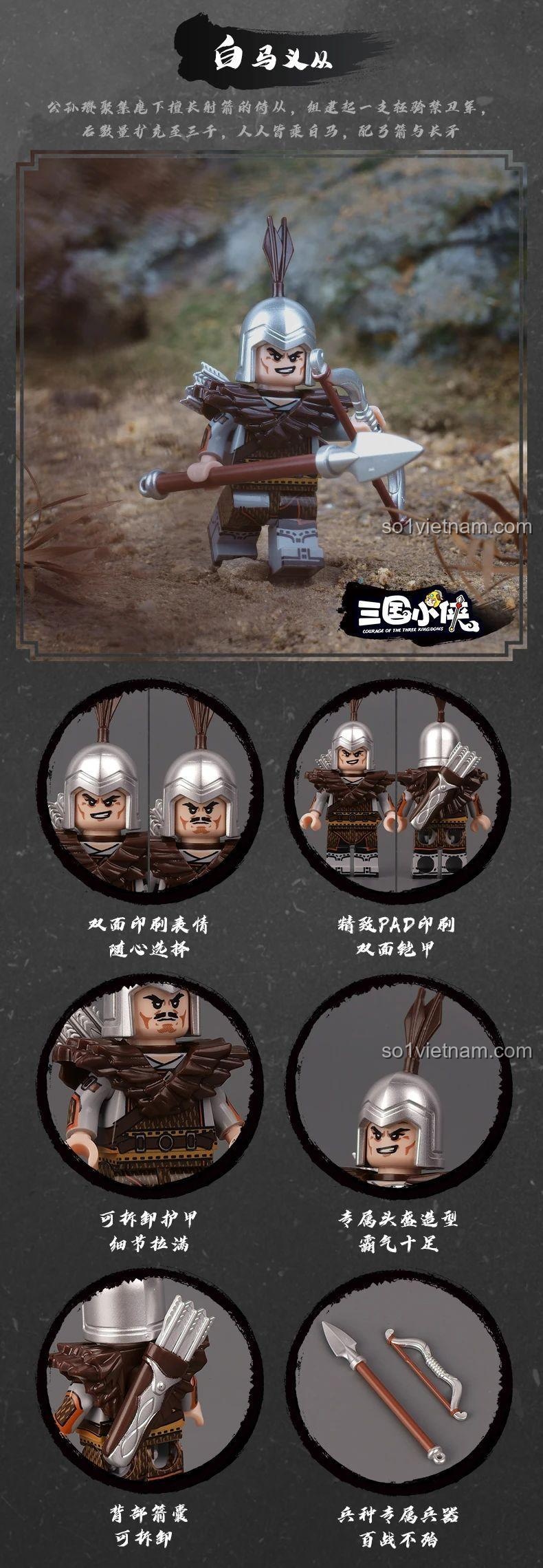 Chi tiết minifigure Đan Dương Binh Decool 20338, đồ chơi mô hình Tướng quân Tào Thuần và các binh lính.