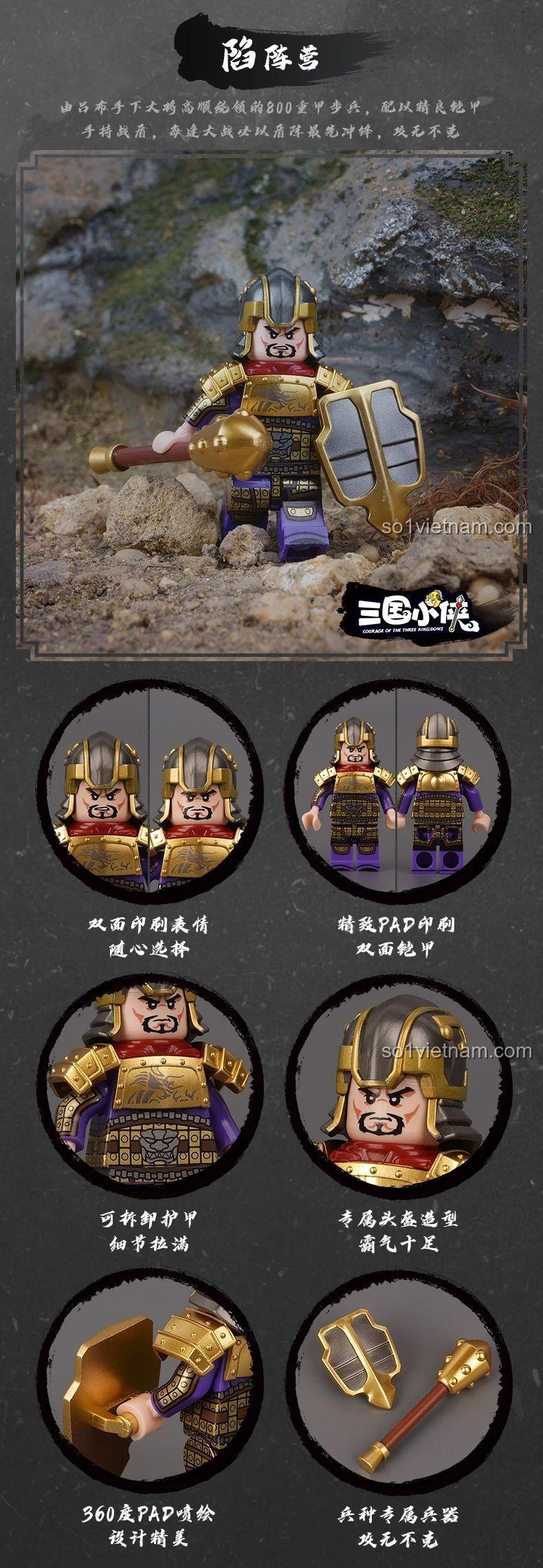 Chi tiết minifigure Hổ Báo Kỵ Decool 20340, bộ đồ chơi Kỵ binh Hổ Báo với giáp trụ và vũ khí đầy đủ.