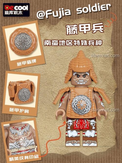 Chi tiết phụ kiện của nhân vật lắp ráp Decool 20361 Lính Giáp Mây: khiên, giáp ngực và hoa văn in trên thân. Món quà sáng tạo cho bé trai 8 tuổi.